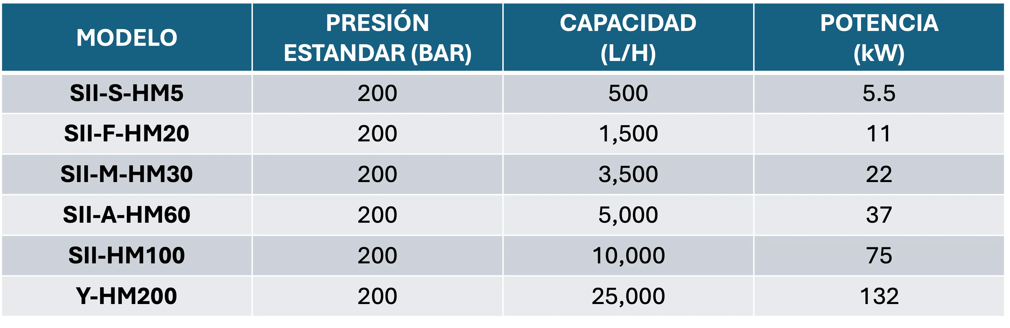 HM Series High Pressure Piston Pumps model table — Model, Pressure, Capacity and Power